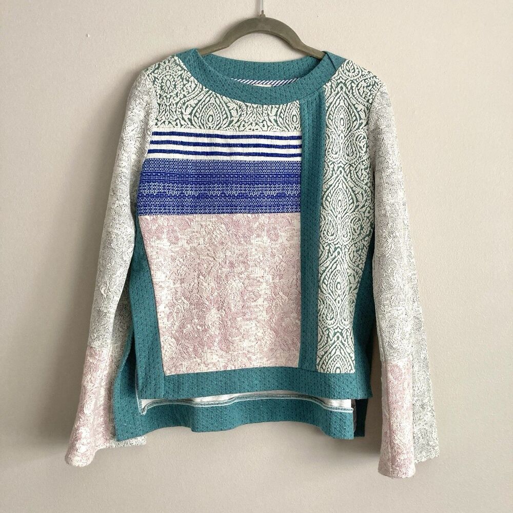 Anthropologie Postmark Latitudes Patchwork Pullover Sweater Multi Textured Sz XS